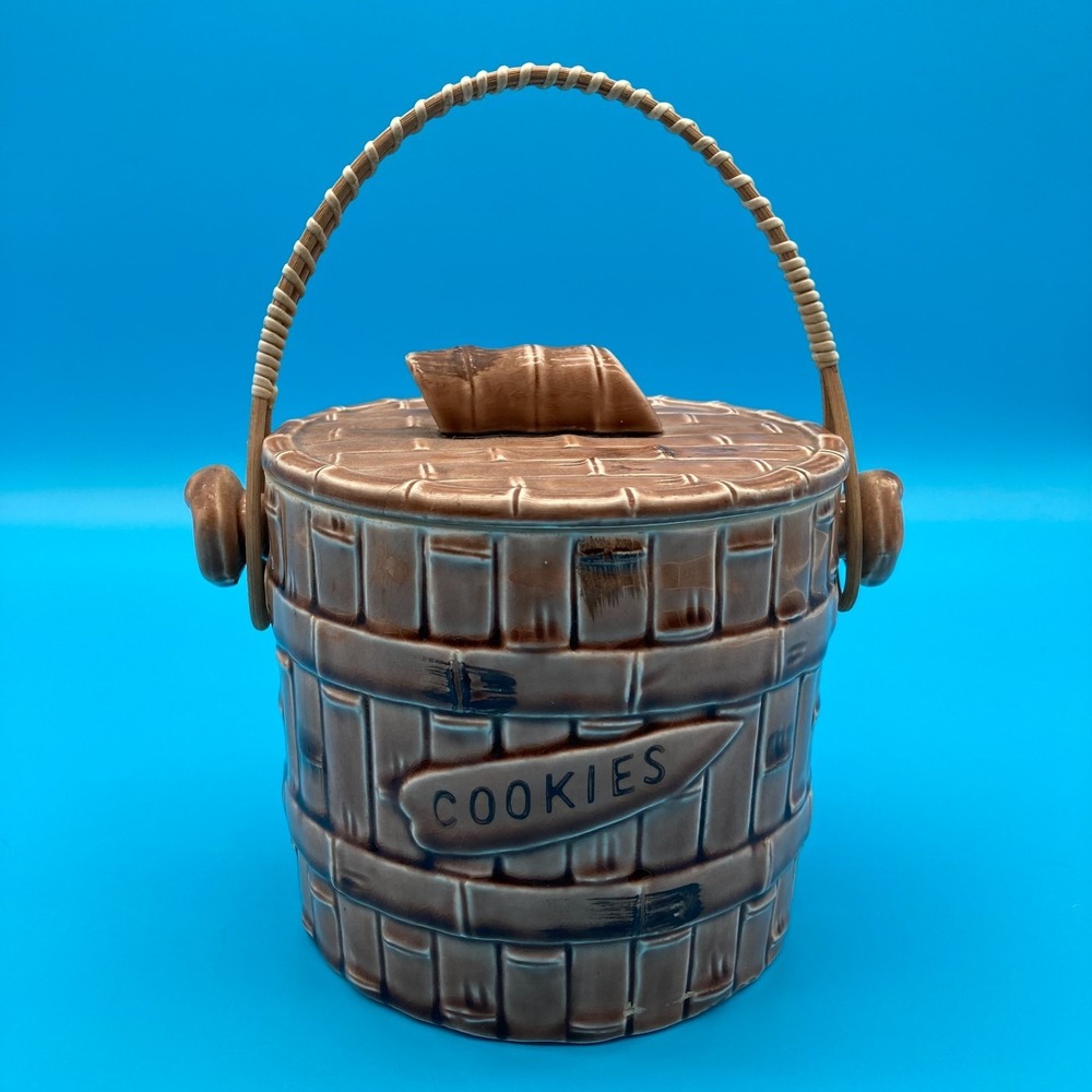 Vintage MCM Japan Basket Weave Cookie Jar - Ceramic Biscuit Barrel Wicker Handle
